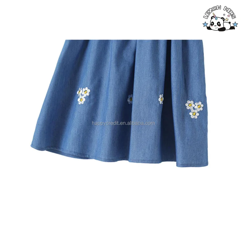 LEZONKIDS - Customizable Summer New Embroidery Bubble Sleeve Flowers Children's Denim Dress Little Girls Dress